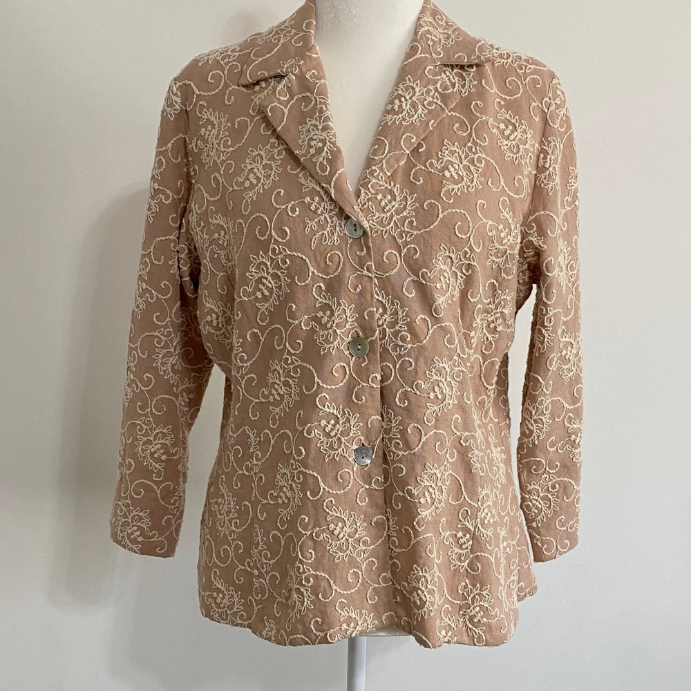 Blush Embroidered Linen Blazer With Shell Buttons